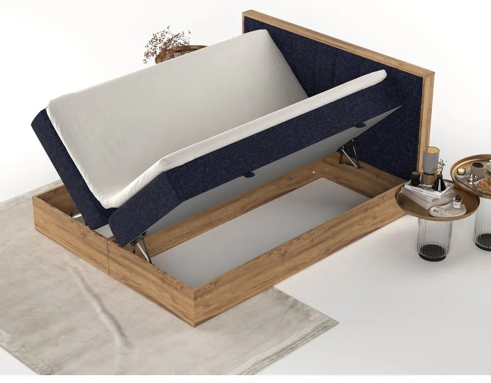 Ciemnoniebiesko-naturalne łóżko boxspring ze schowkiem 140x200 cm Asahi – Maison de Rêve