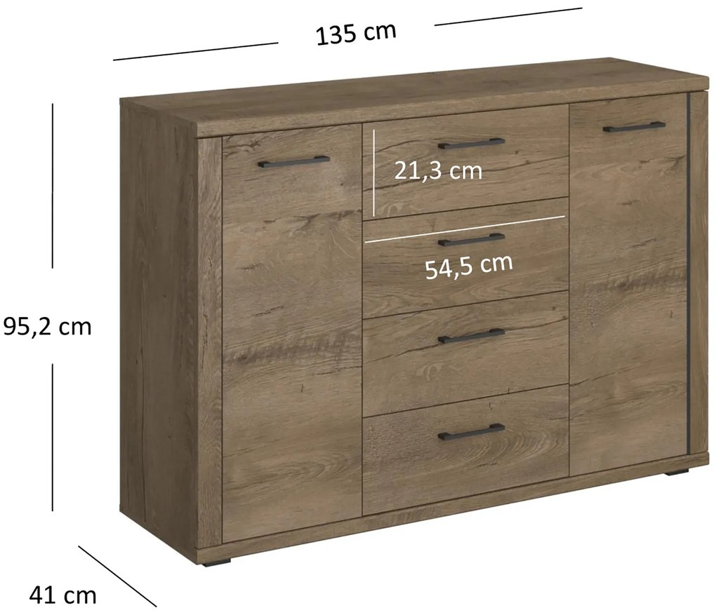 Komoda Dwudrzwiowa z Szufladami Drewniana do Salonu VORTE 135 cm Dąb lefkas Nowoczesna