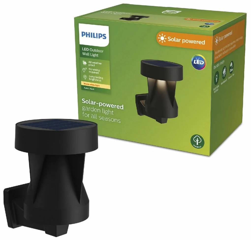 Philips Avery zewnętrzna solarna lampa ścienna LED czarny, 1,8 W, 200 lm, 2700 K