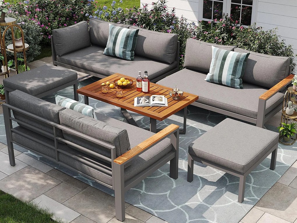 Zestaw mebli ogrodowych - zestaw mebli na 8 miejsc, meble ogrodowe z drewna litego, z żelaza galwanizowanego - 2 stołki, szary