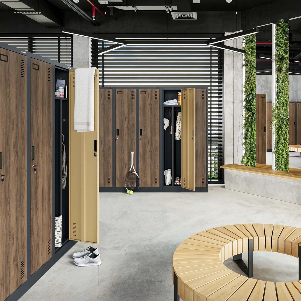 Szafka ubraniowa pracownicza czterokomorowa antracytowa/orzech, 800x1800x500 mm: KACPER Eco Design