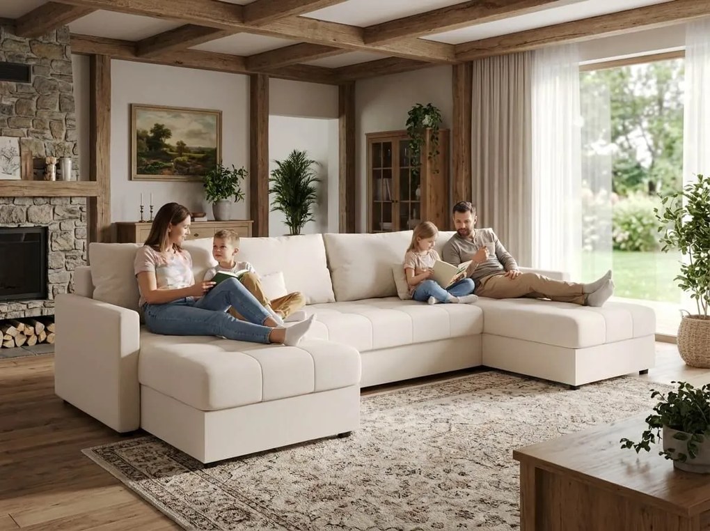 Rozkładana sofa narożna w kształcie U VENORIA 285x146 cm, kremowa + 2 poduszki GRATIS