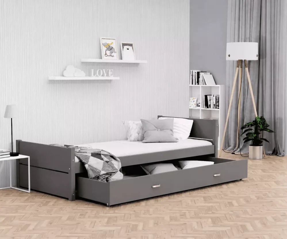 Łóżko dziecięce Modig 90x200 z szufladą białe/szare stelaż Flex