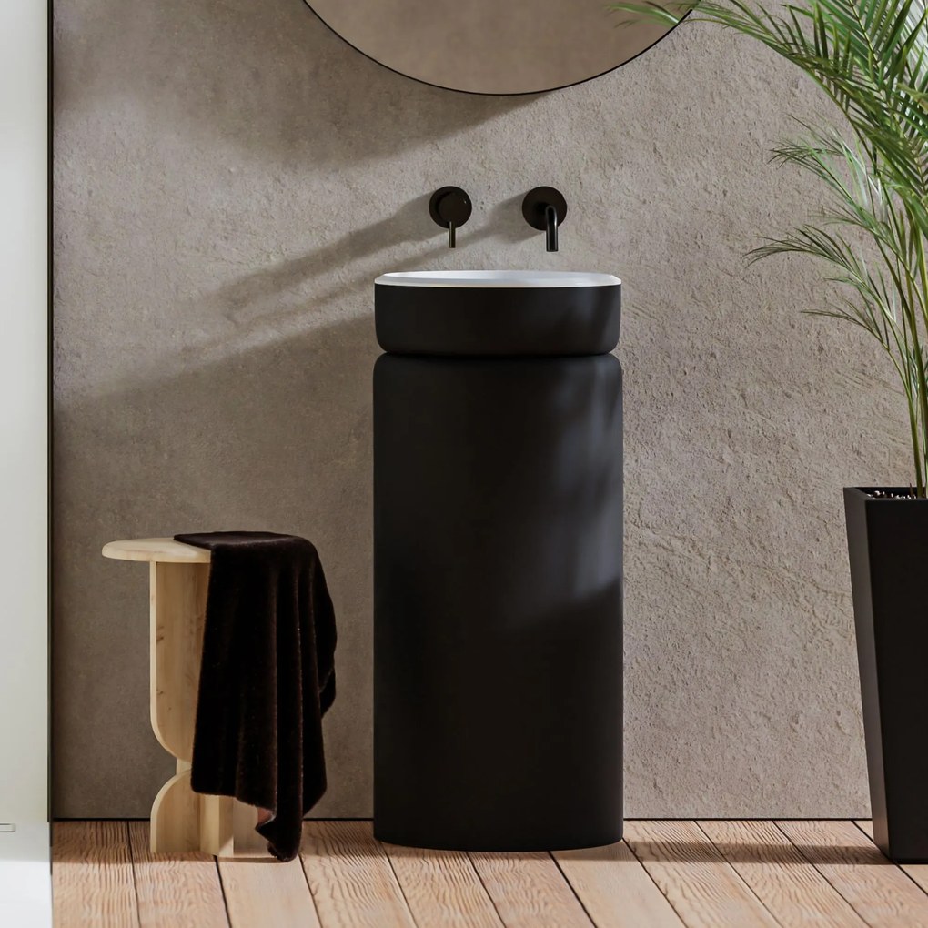 Umywalka wolnostojąca okrągła czarna matowa RONA Black Matt białe wnętrze umywalki 85 x 40 cm : Podłączenie syfonu - Do podłogi