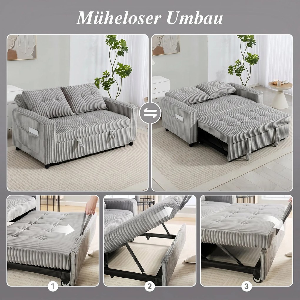 HOMCOM 2-osobowe łóżko-sofa, pokrycie sztruksowe, przekształcalne w sofę rozkładaną, 2 poduszki, kieszenie boczne, 157 x 190 cm, Jasnoszary | Aosom PL