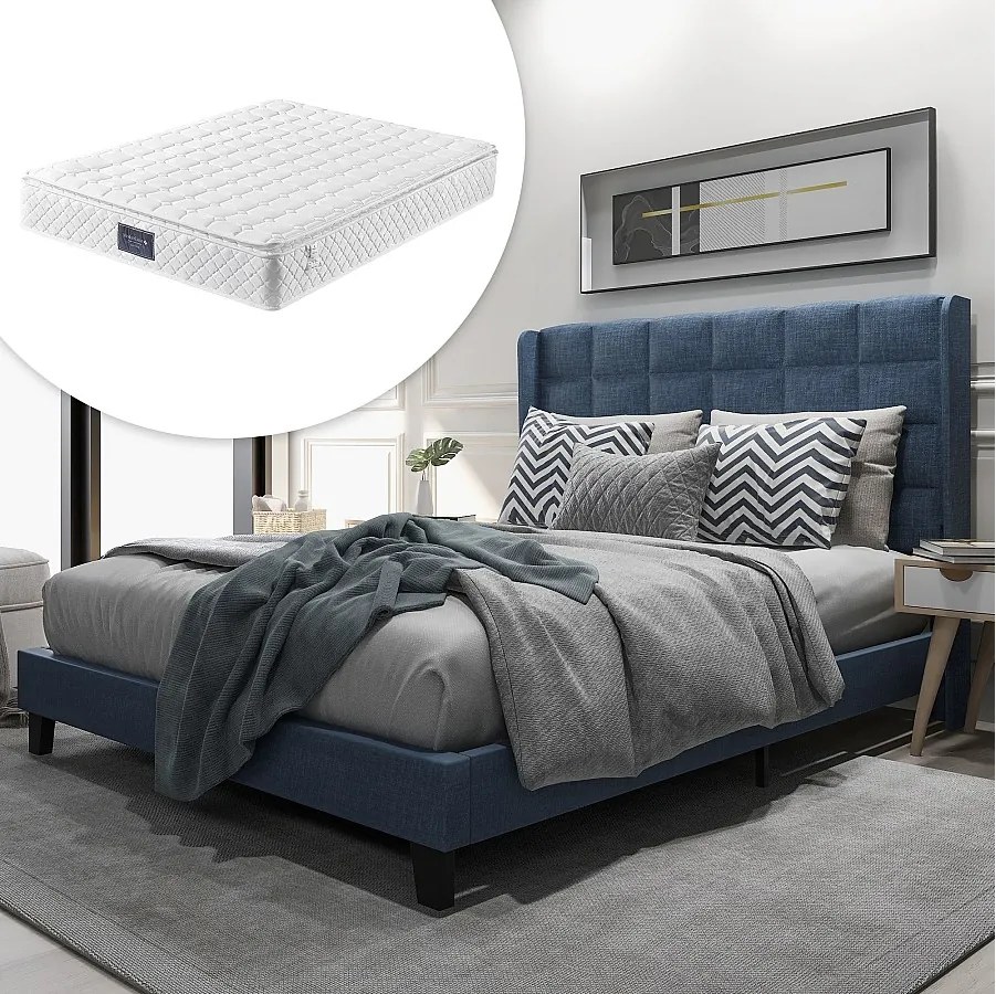 Łóżko tapicerowane z wezgłowiem - 140 x 200 cm - tkanina lniana - boxspring + materac - niebieskie