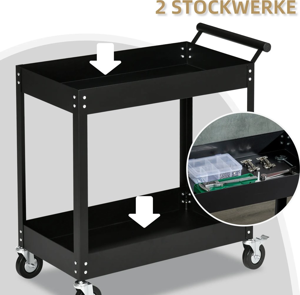 DURHAND Wózek Warsztatowy, 2 Półki, Na Kółkach, Stal, do 150 kg, 84,5 x 38 x 84 cm, Czarny