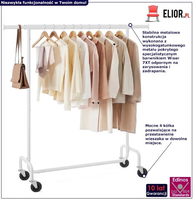 Stojak Na Biały Metalowy Kółkach Na Ubrania F4-W40