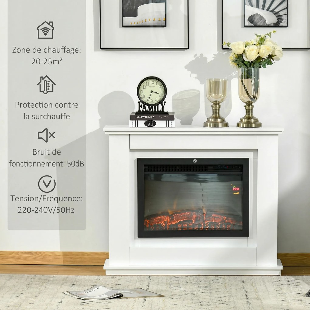 HOMCOM Elektryczny kominek, 3D LED płomienie, pilot, timer, MDF, Biały