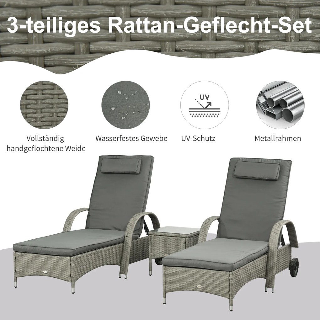 Outsunny Zestaw leżaków ogrodowych z technorattanu ze stolikiem, meble ogrodowe z poduszkami, 4 kolory