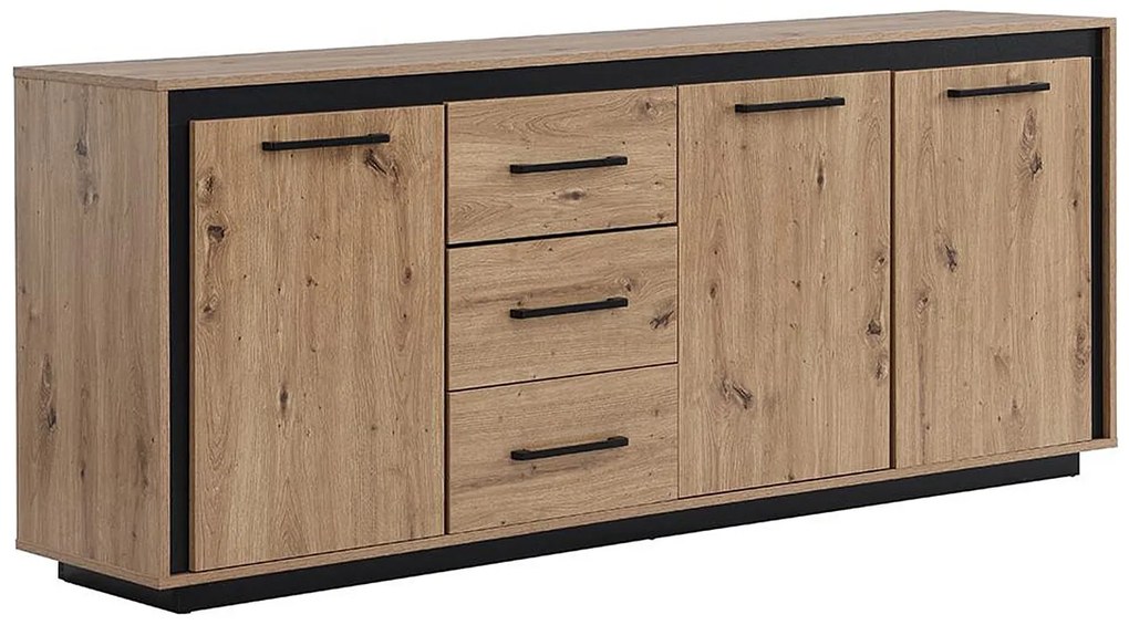 Komoda 3-drzwiowa z 3 szufladami, z MDF-u – kolor naturalny i czarny - NALAMANE