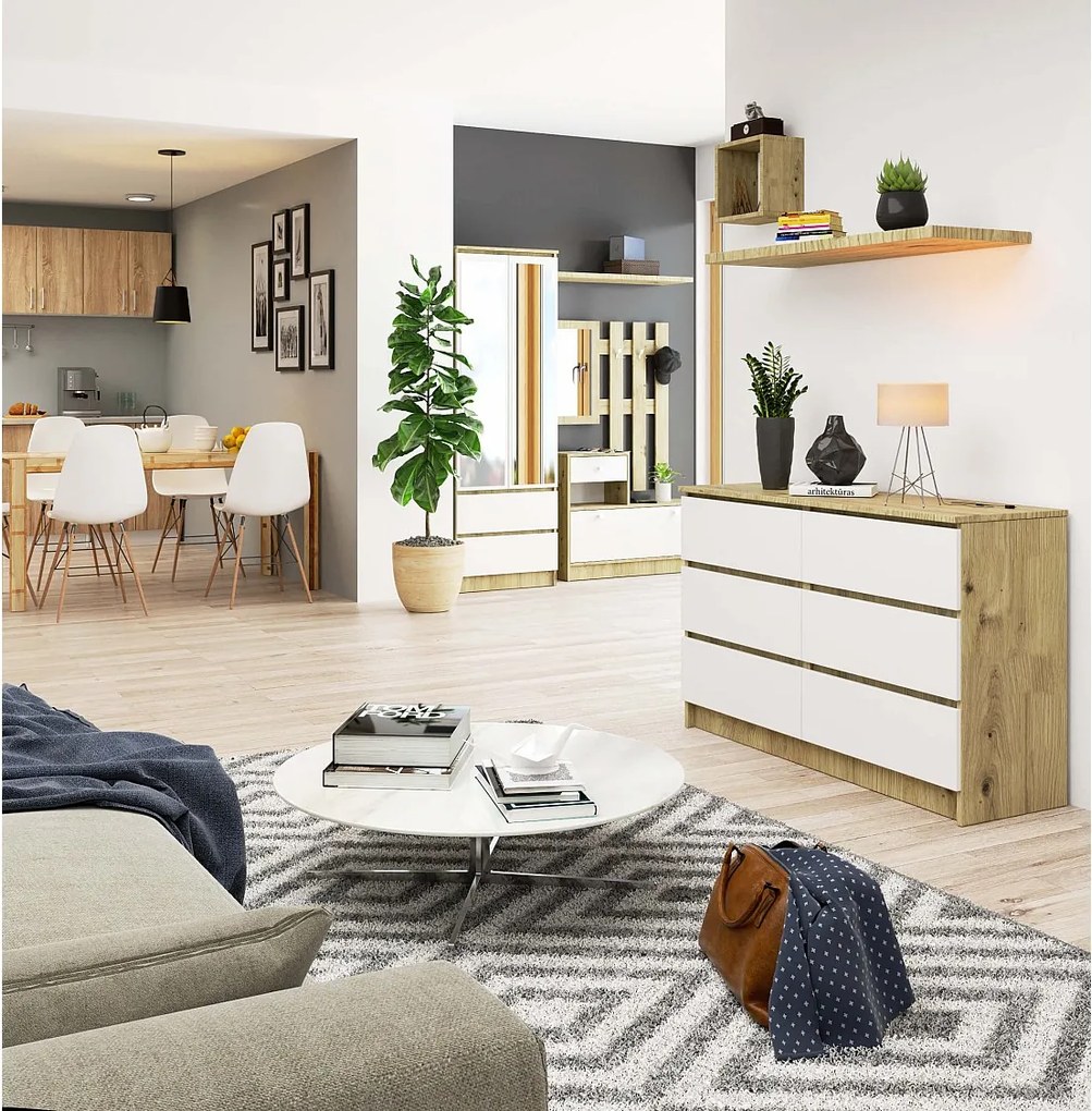 Komoda AKORD K120 Dąb Artisan 120 cm 6 szuflad kolor Biały mat 120x40x77 cm