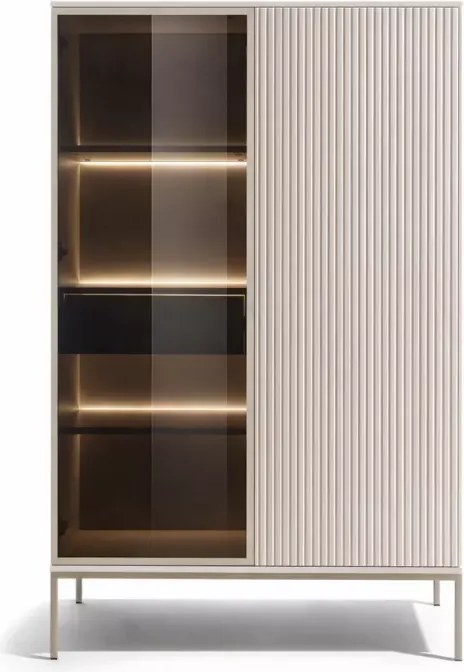 Witryna Shark 104x166 cm LED push to open MDF szkło hartowane stal kaszmir, czarny/dąb wotan