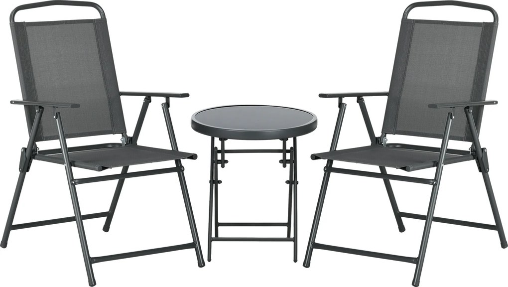 Outsunny Zestaw bistro 3-częściowy z metalu Odporny na warunki pogodowe Zestaw mebli ogrodowych ze składanym stolikiem i krzesłami Ciemnoszary