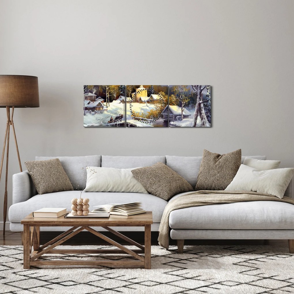 Obraz - Zimowe miasteczko (z zegarem) (90x30 cm)