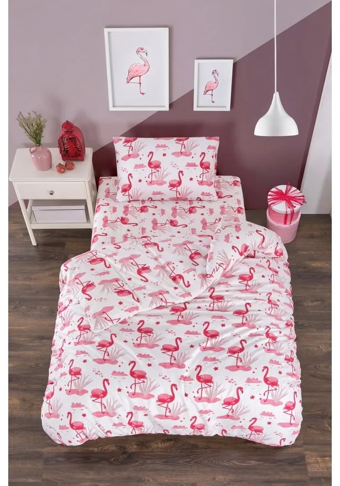 Biało-różowa pościel jednoosobowa z prześcieradłem/3-częściowa 160x220 cm Flamingo – Mila Home
