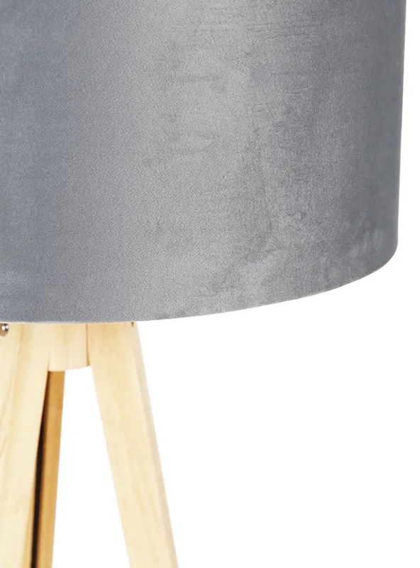 Lampa podłogowa drewniana z szarym abażurem z tkaniny 50 cm - Tripod Classic Nowoczesny Oswietlenie wewnetrzne