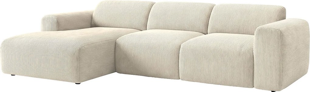 Kanapa narożna duża lewostronna z elektrycznym wysuwanym siedziskiem z prążkowanego beżowego weluru POGNI marki Maison Céphy