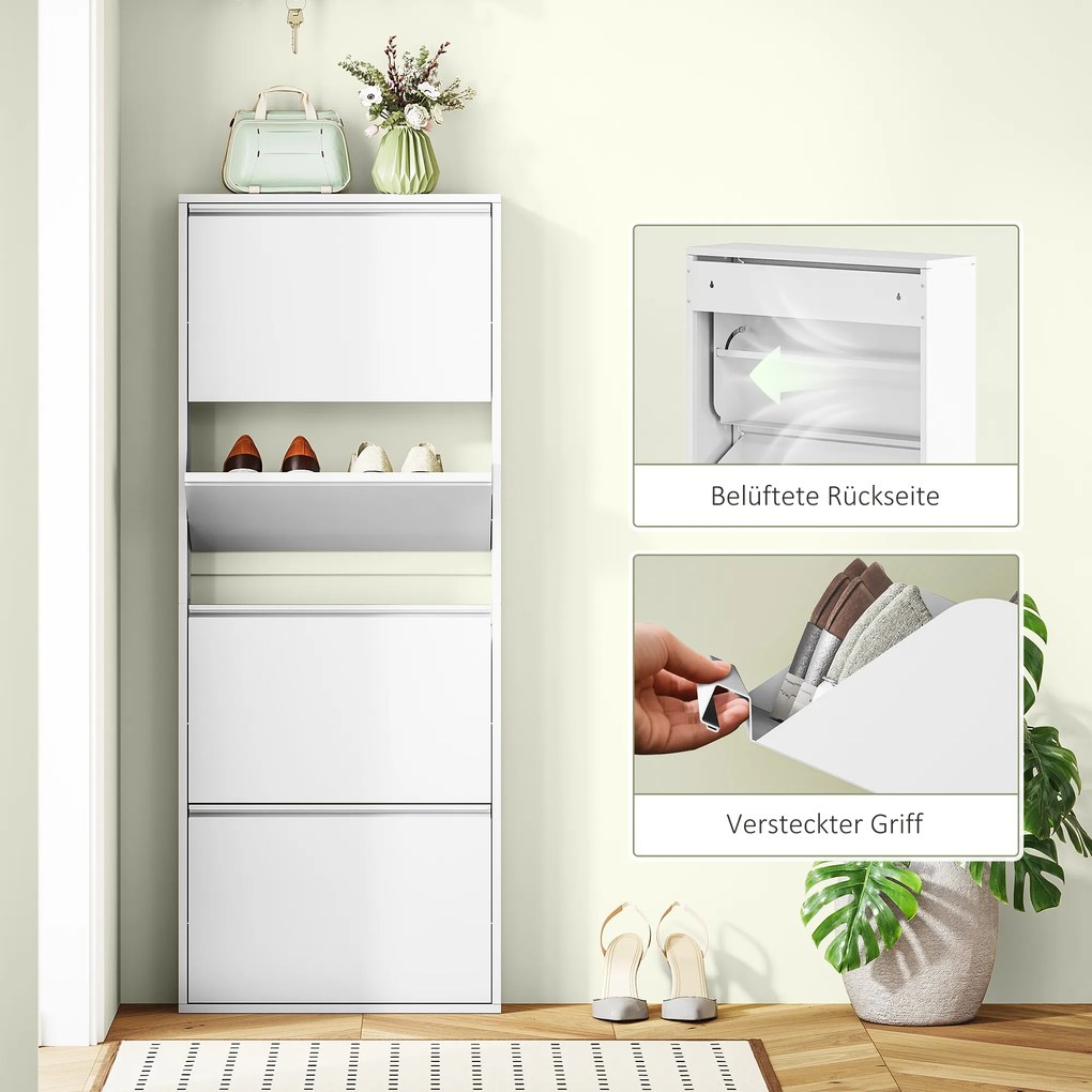 HOMCOM Wąska Biała Szafka na Buty Metalowa do 8 Par Butów z 4 Składanymi Szufladami, dla Przedpokoju, Biała