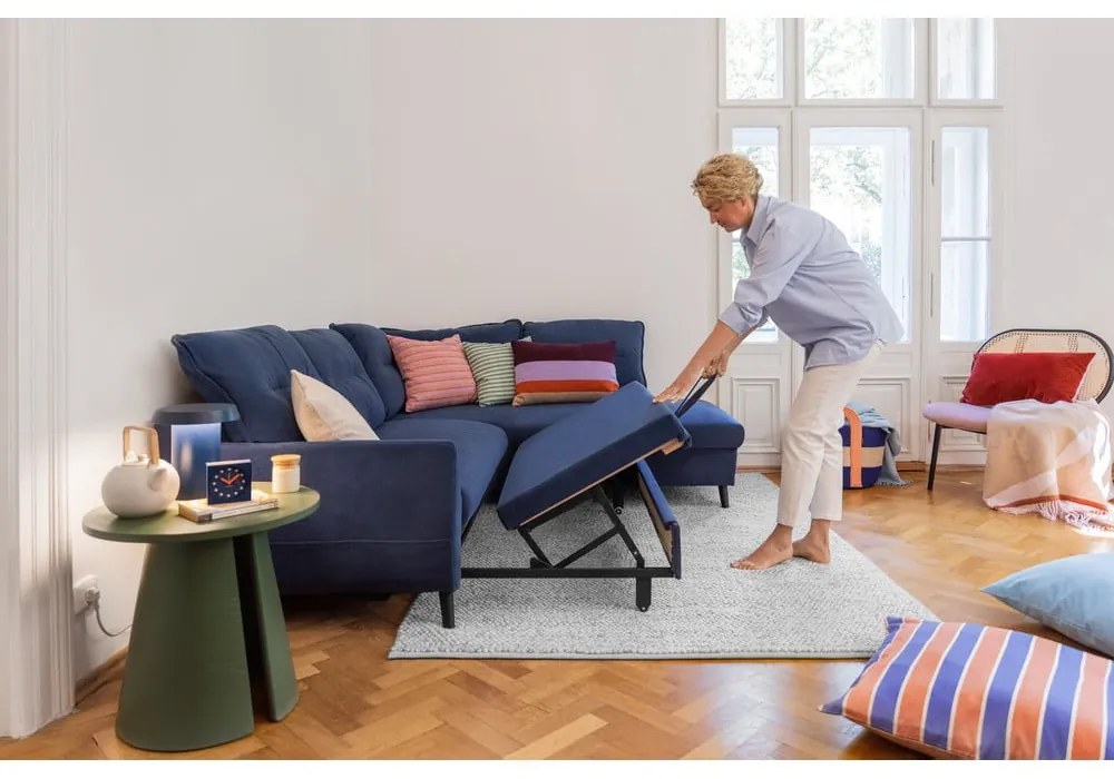 Ciemnoniebieska aksamitna rozkładana sofa w kształcie litery "U" Miuform Stylish Stan, lewostronna