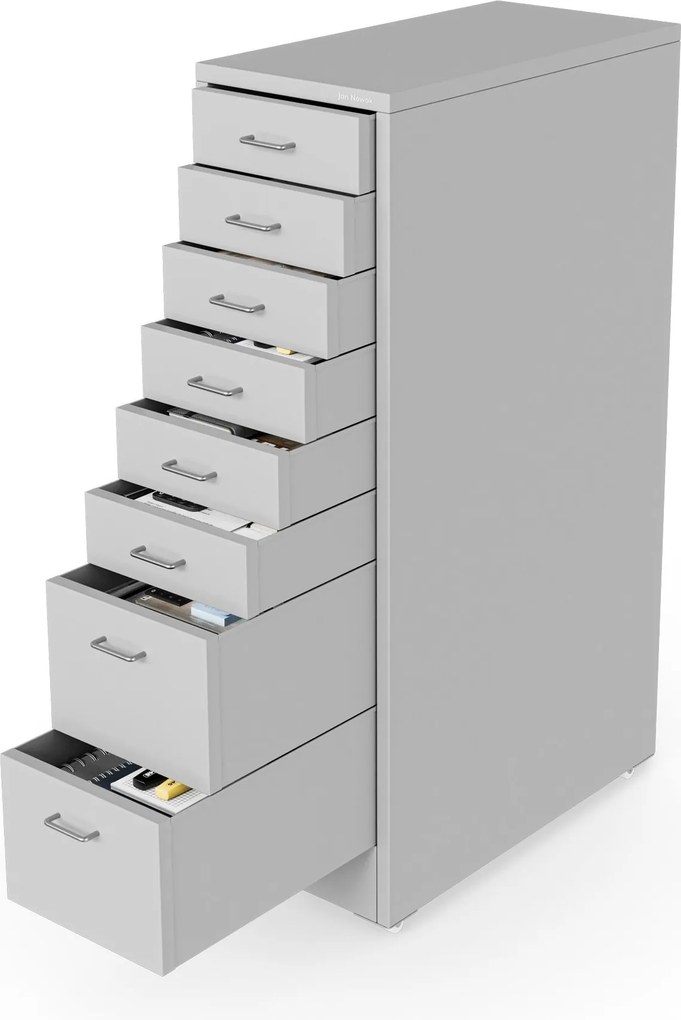 Szafka kartotekowa na kółkach, metalowa, 8 szuflad, na dokumenty, szara, 300x1100x600 mm: SARA V8