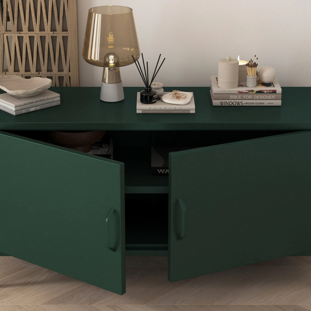 Szafka RTV metalowa na nóżkach butelkowa zieleń Modern ROSA, 1150 x 595 x 400 mm