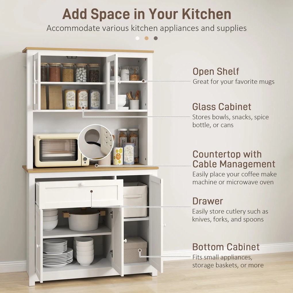 HOMCOM Szafka kuchenna w stylu wiejskim, 1 witryna, 1 otwarta półka, 1 szuflada, 2 szafki, Naturalne + Białe | Aosom PL