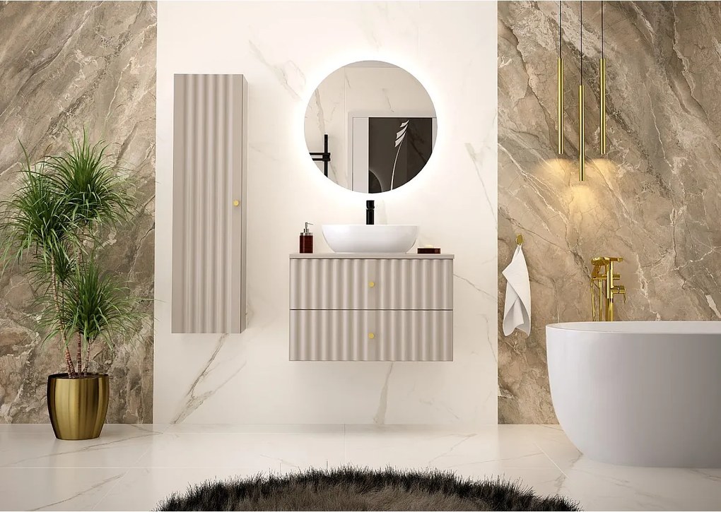 Kaszmirowy Zestaw Łazienkowy 80cm Szafka z Blatem i Umywalką Ryflowane Fronty Aqua