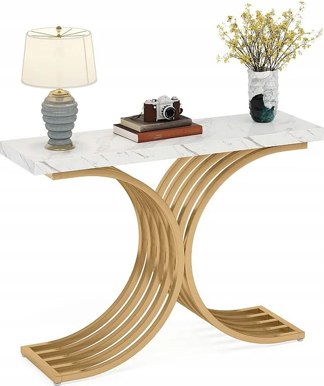 Wąski stolik konsolowy, stolik boczny ze złotą metalową ramą, 100 x 30 x 80 cm, mały stolik ekspozycyjny