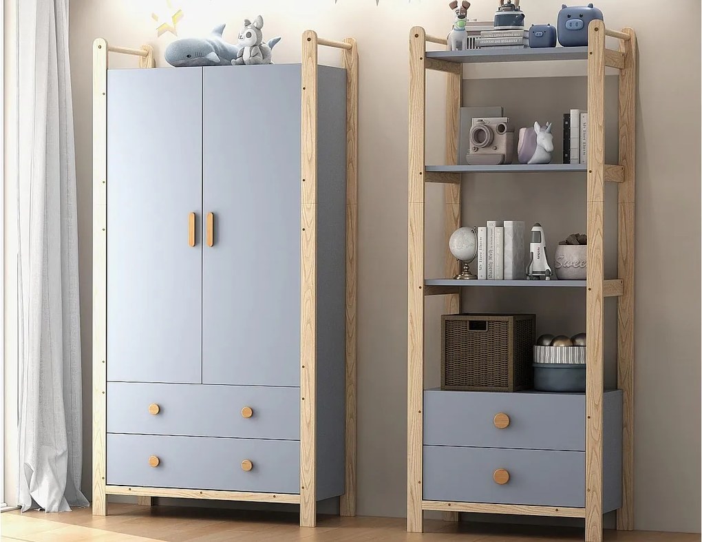 Zestaw szafa dziecięca - szafa dziecięca + półka przechowawcza - 4 szuflady i 2 drzwi - konstrukcja sosnowa - niebieski + naturalny