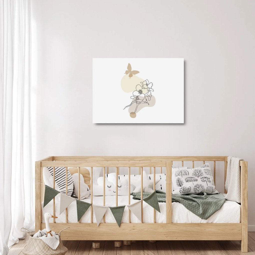 Obraz na szkle - Beżowe kwiaty z motylem N⁰3 (70x50 cm)