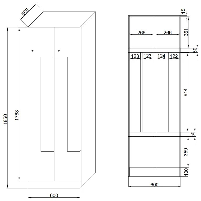 Metalowa szafka ubraniowa Z, 4-drzwiowa, 1850 x 600 x 500 mm, demontaż, zamek cylindryczny, drzwi laminowane, orzech