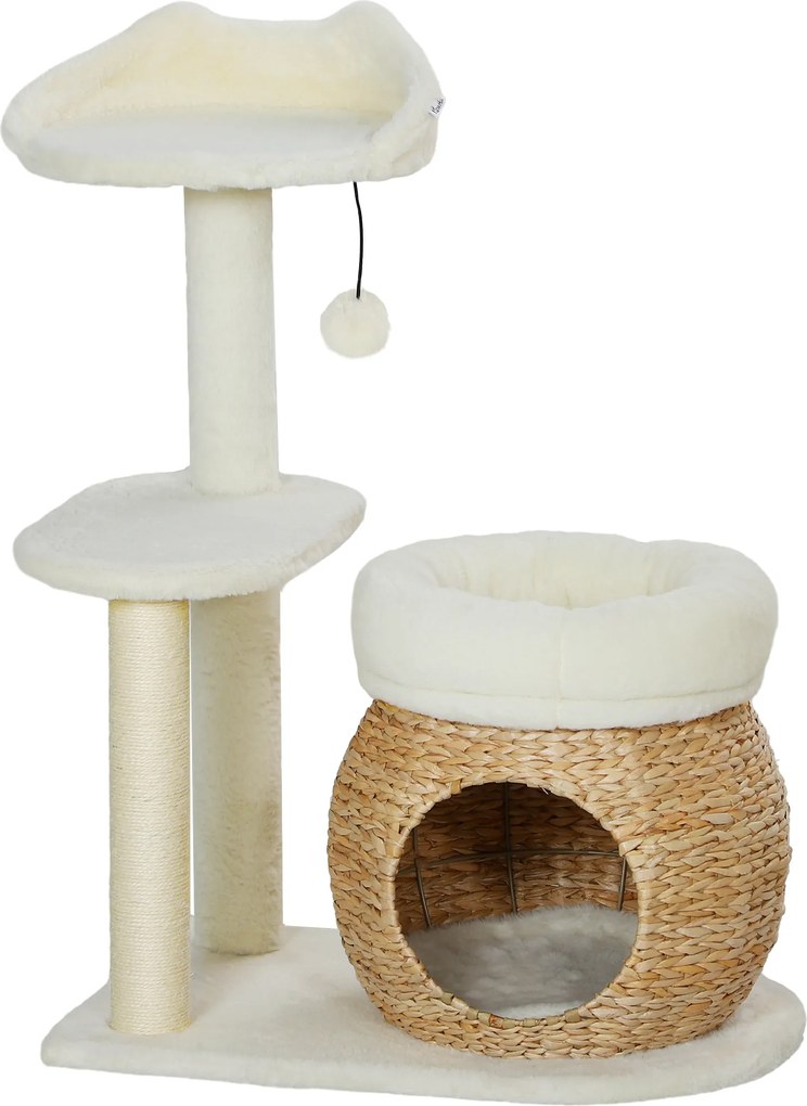 PawHut Drapak z jaskinią dla kota, piłką i platformą, trzcina/sizal, do 10 kg, 60 x 40 x 79 cm, kremowo-biały