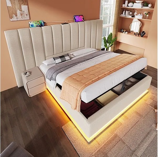 Łóżko małżeńskie ze skrzynią 180x200 cm z LED i ładowaniem USB/Type-C - Tkanina lniana - Maksymalne obciążenie 300 kg - Beż