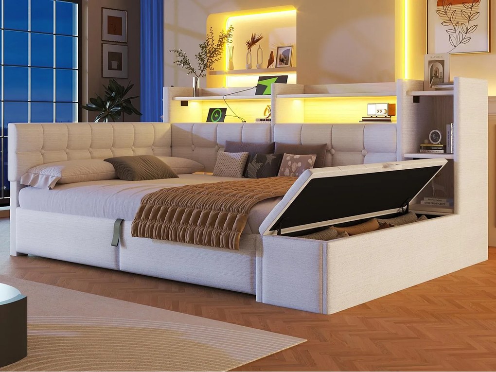 Sofa rozkładana z pojemnikiem 140 × 200 cm - z portami USB + Type-C - ławka do przechowywania u stóp łóżka - z paskiem LED - biały