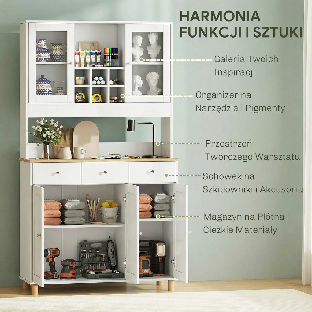 HOMCOM Kredens Witryna do Pracowni i Atelier Nowoczesna Szafka na Akcesoria i Dzieła Płyta MDF 100x40x180 cm | Aosom PL