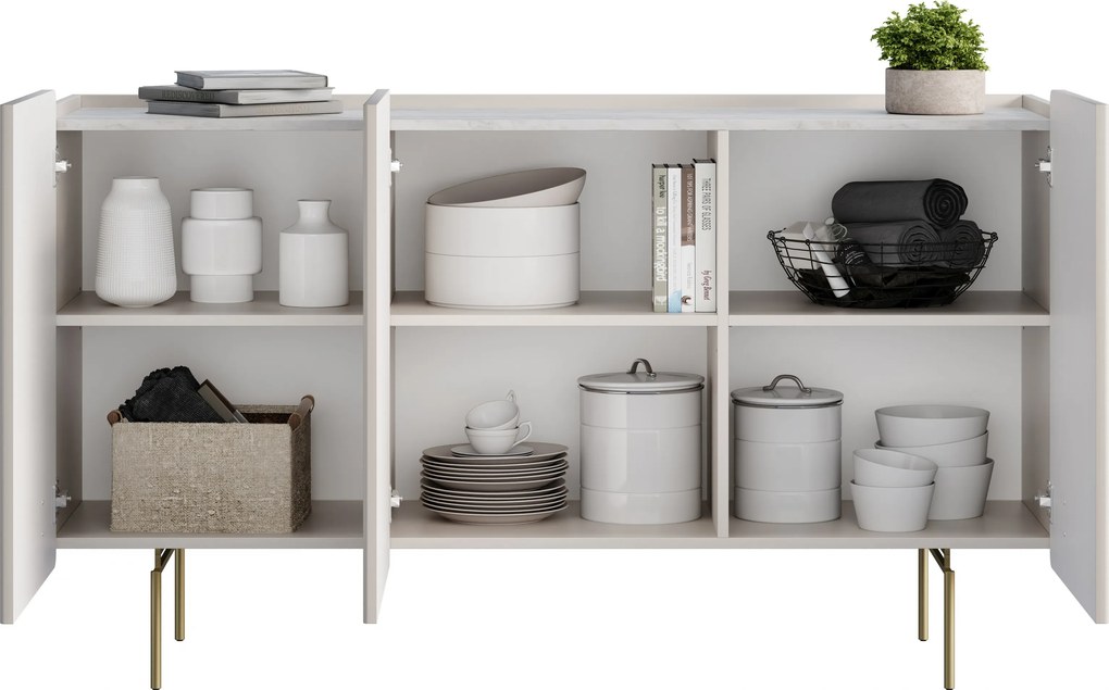 Komoda Malmi 150 cm trzydrzwiowa - kaszmir / crema bianca / złote nóżki