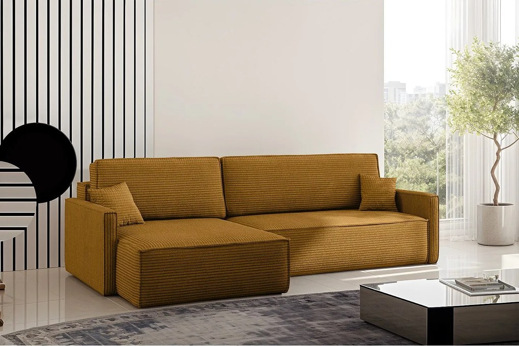 Narożnik z funkcją spania i pojemnikiem w kształcie L Carlos, tkanina Poso, Musztardowy, Lewy