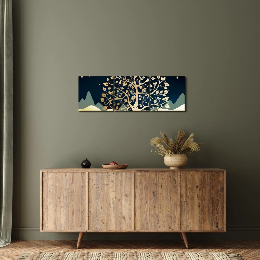 Obraz złotego drzewa (z zegarem) (90x30 cm)