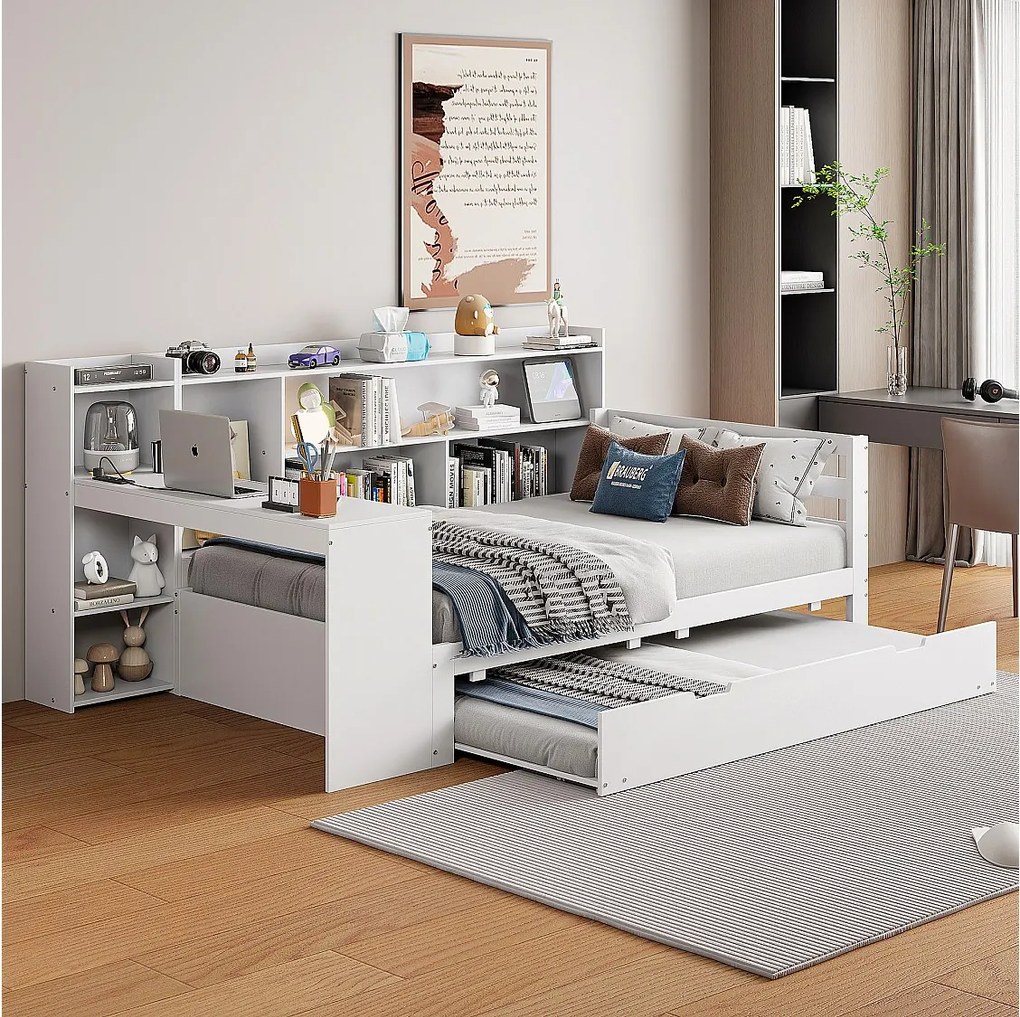 Łóżko dziecięce 90x200 cm - z gniazdem USB, półkami - drewno - białe