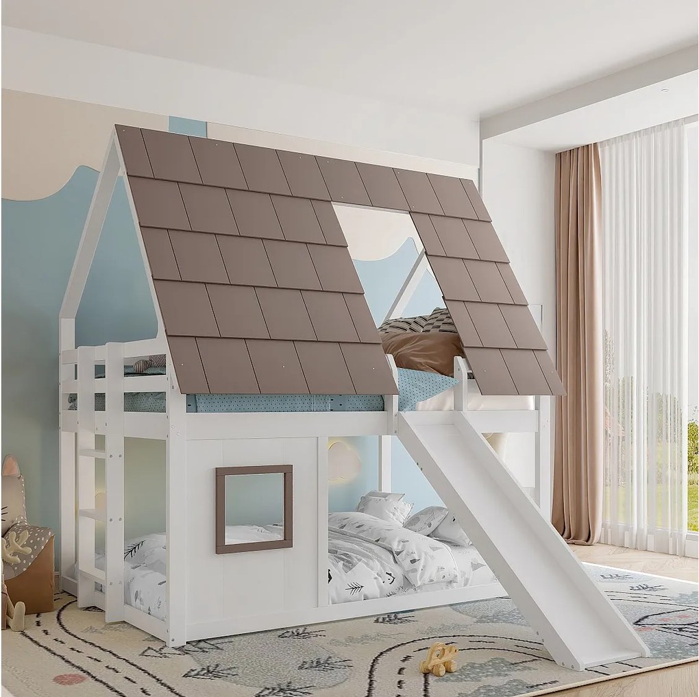 Łóżko piętrowe dla dzieci - 2 x 140 x 200 cm - z dachem + drabinka + zjeżdżalnia - MDF + sosna - białe i brązowe