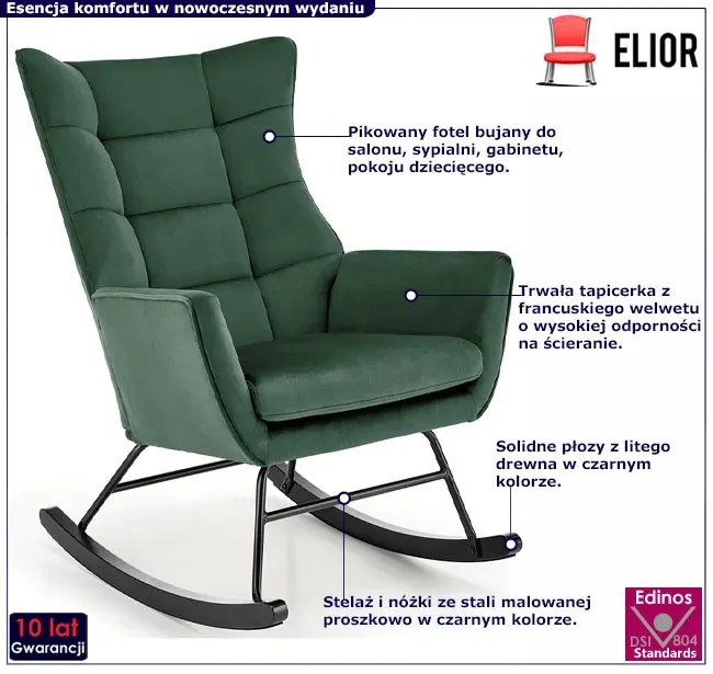 Nowoczesny zielony pikowany fotel bujany - Krzesła