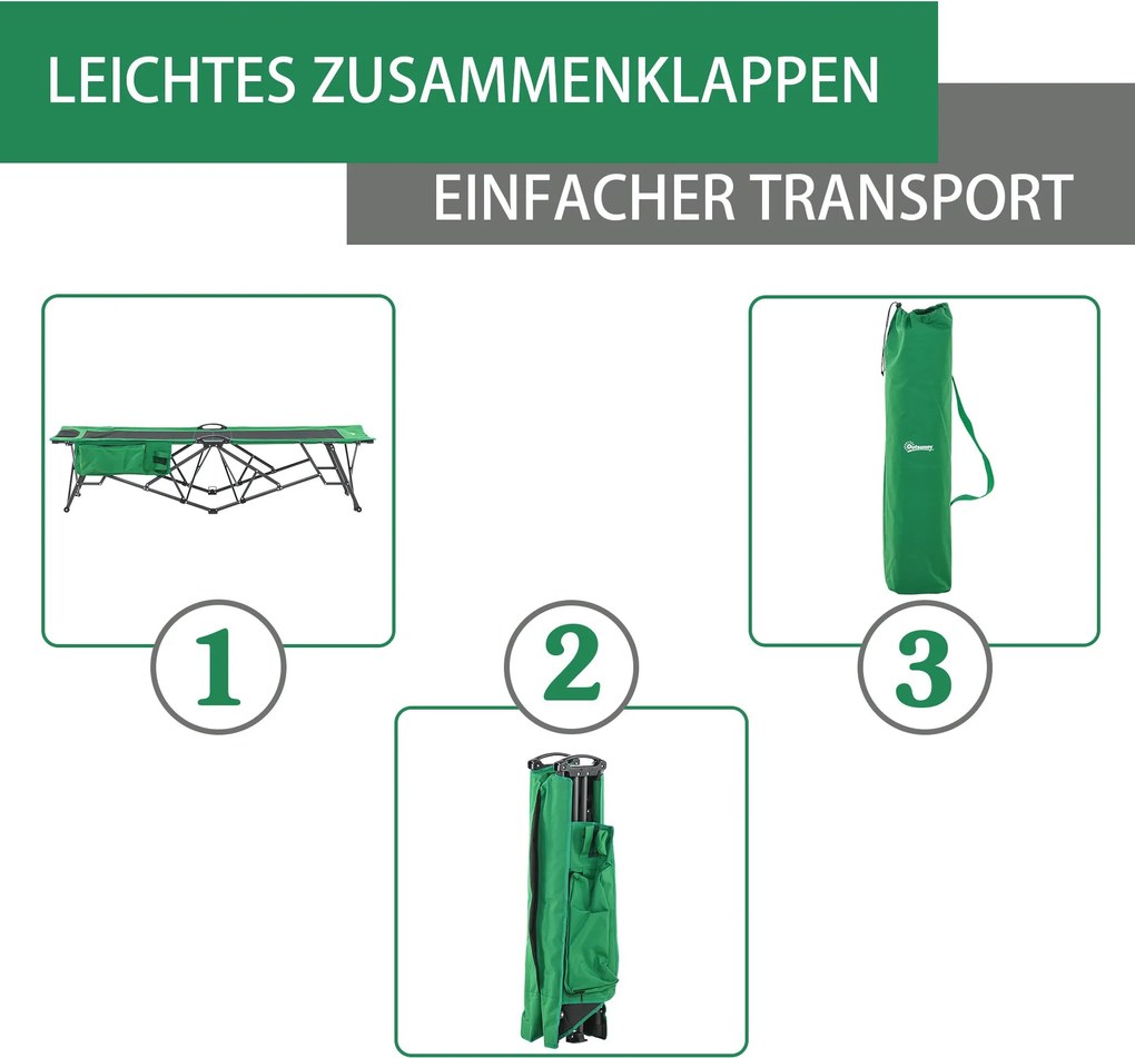 Składane Łóżko Campingowe Outsunny z Boczną Kieszenią i Uchwytem na Napój, Nośność do 136 kg, Stal i Oxford, Zielony+Czarny, 190 x 65 x 40 cm