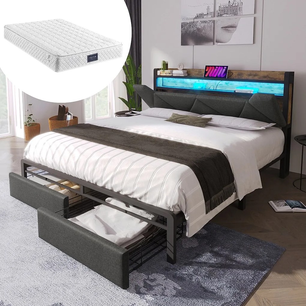 Łóżko dla dorosłych 160 x 200 cm z szufladami i schowkiem na wezgłowie - USB + Typ C + LED - Pościel - Szary + Materac