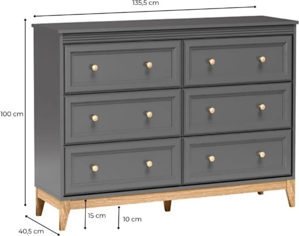 Komoda SUOLO 135,5 cm do Salonu Sypialni 6 Szuflad Szary