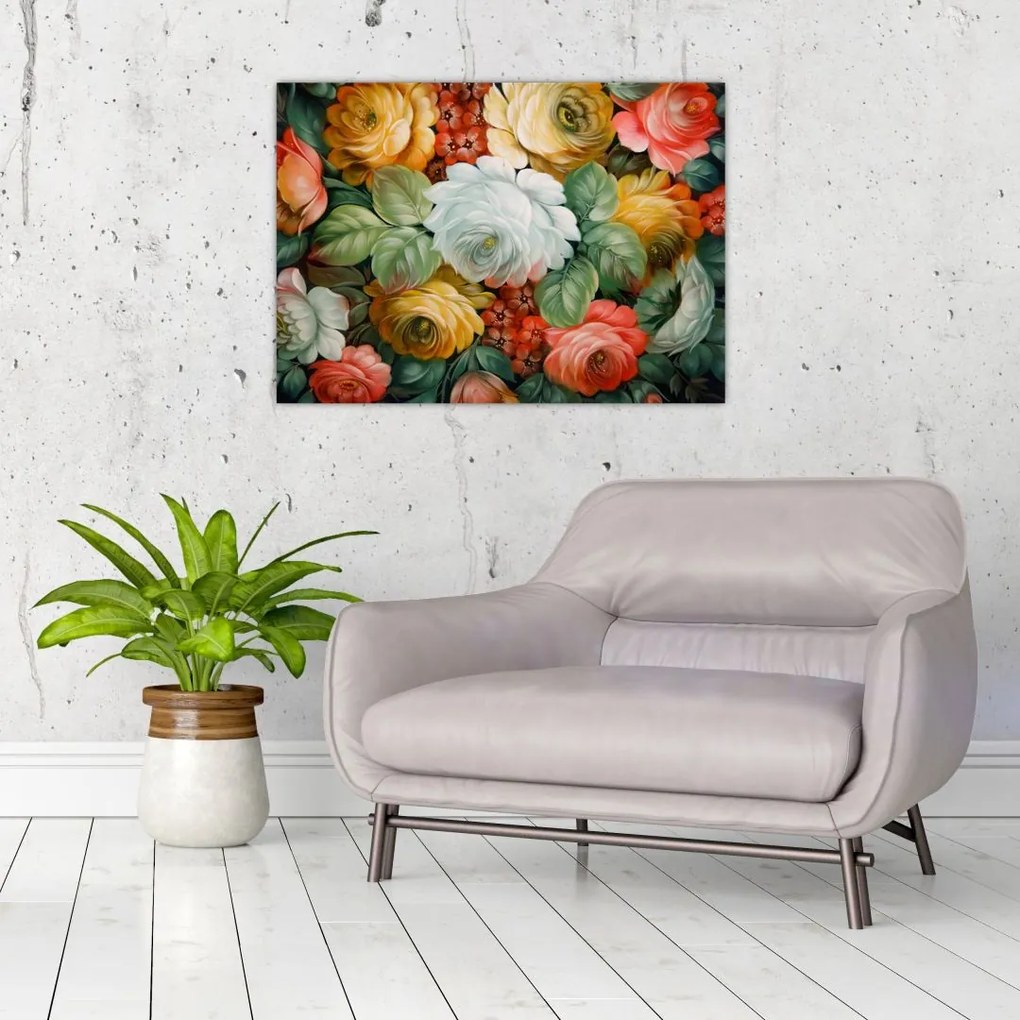 Obraz na szkle namalowanego bukietu kwiatów (70x50 cm)