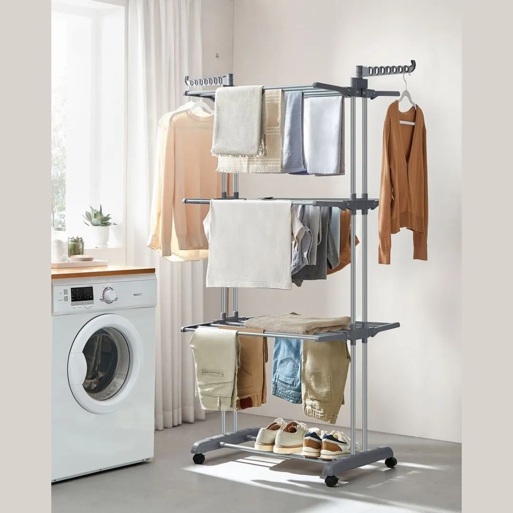Suszarka na pranie ELTON z 4 poziomami na kółkach, 76x172x50 cm, szara SongmicsHome