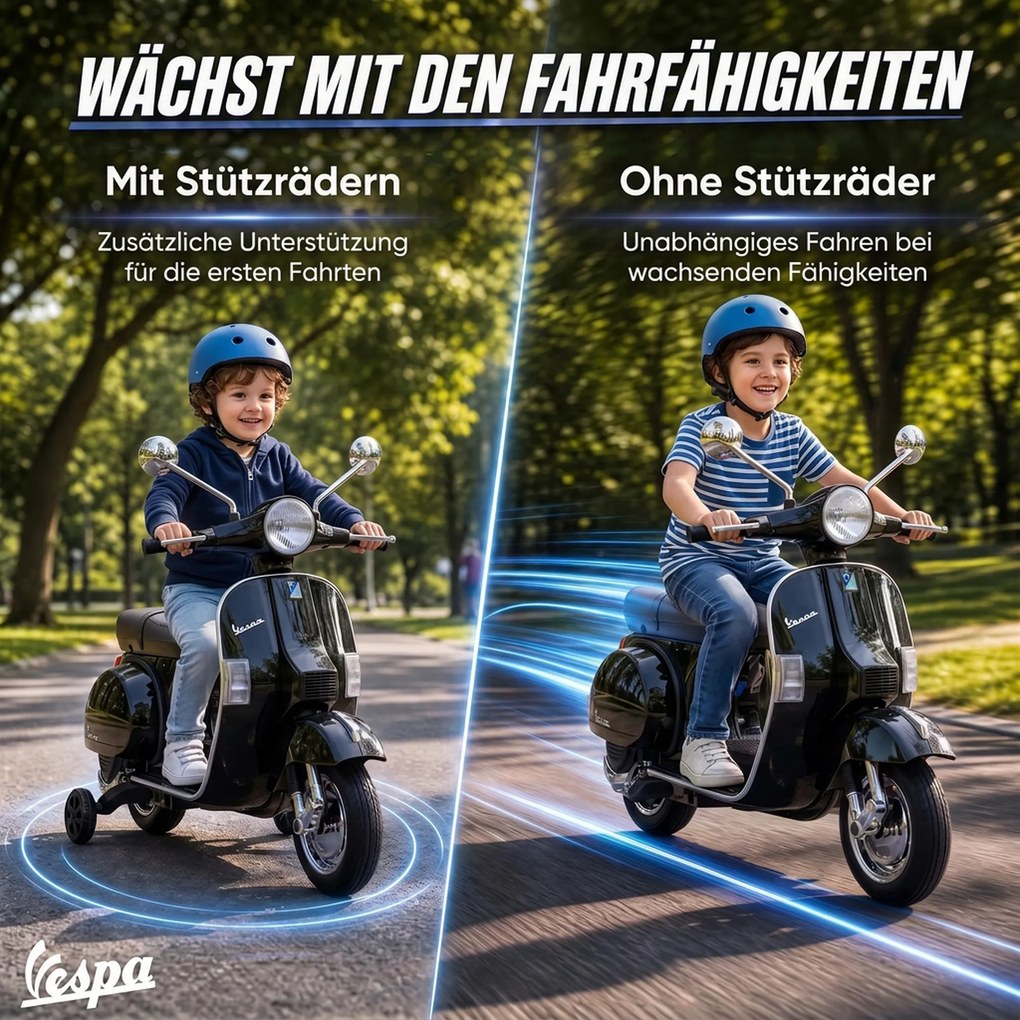 AIYAPLAY Elektryczny motocykl dziecięcy Vespa PX150 12V z akumulatorem litowym 35W 2 silniki 25° ograniczenie skrętu dla dzieci 3-6 lat | Aosom PL