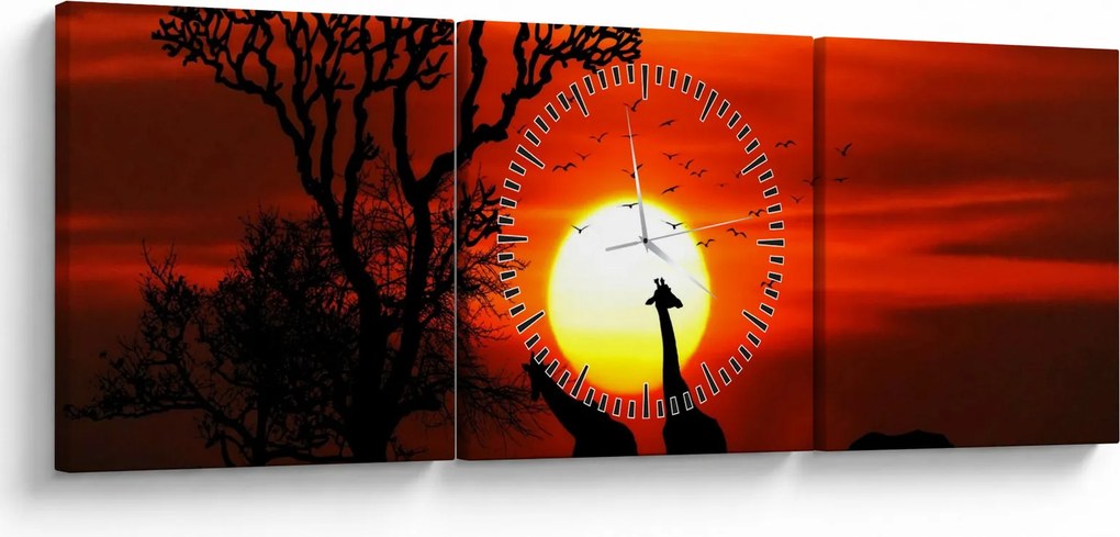 Obraz - Sylwetki zwierząt o zachodzie słońca (z zegarem) (90x30 cm)