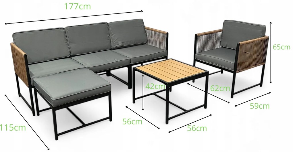 Dwustronny narożnik ogrodowy Serena, zestaw mebli, szary stolik